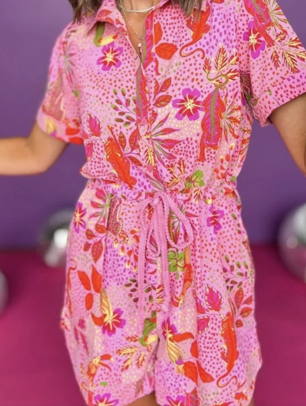 JODIFL Women's Bright Pink Tropical Romper